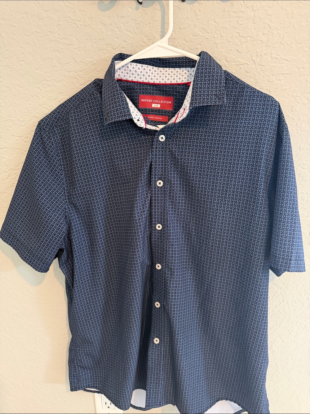 Report Collection Navy Blue Microprint Short Sleeve Button-Down Shirt